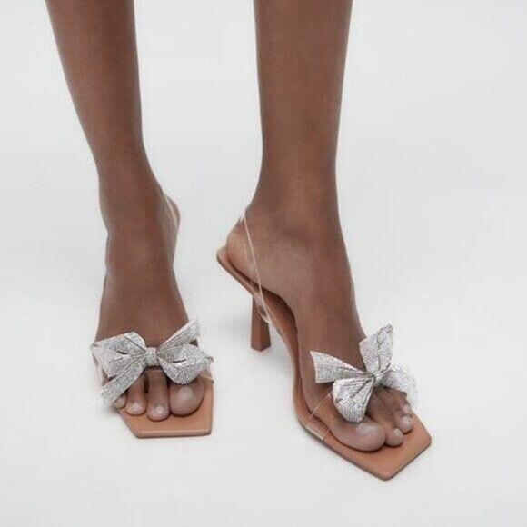 ZARA Embellished Bow Heels NWT – Vinyl Sandals with Rhinestone Detail, SZ 8 & 10 - Picture 9 of 16
